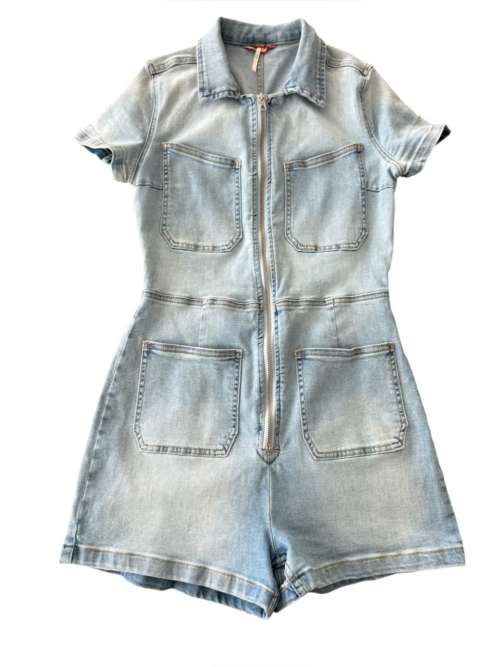 Free People CRVY Lennox Denim Romper Zip Front Light Wash Utility Shortalls 10